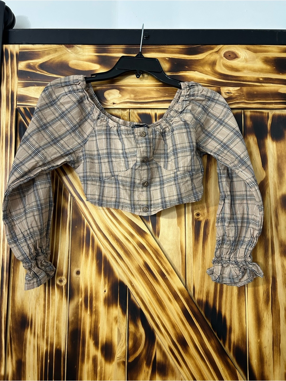 Plaid Peasant Crop Top - Beige Plaid